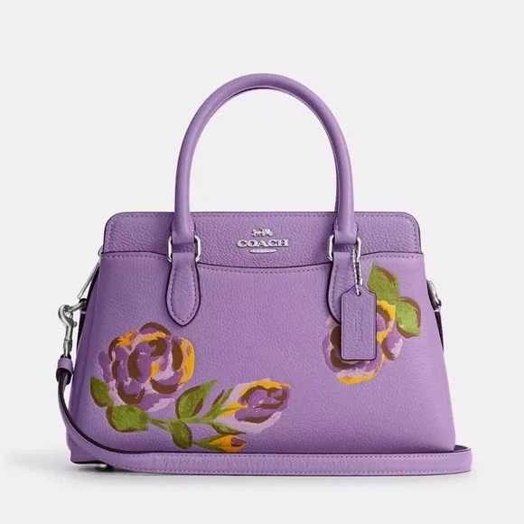 NWT Coach Mini Darcie Carryall With Rose Print/Pebble Leather/ Purple - Picture 6 of 13